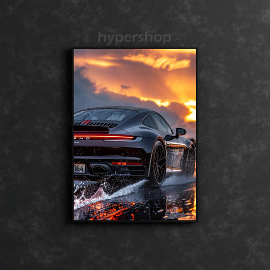 Black Porsche 911 Back DRL Red Light | Car Neon Poster