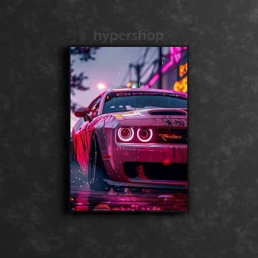 Dodge Challenger SRT in Tokyo Drift Mode Pink Front DRL | Car Neon Poster