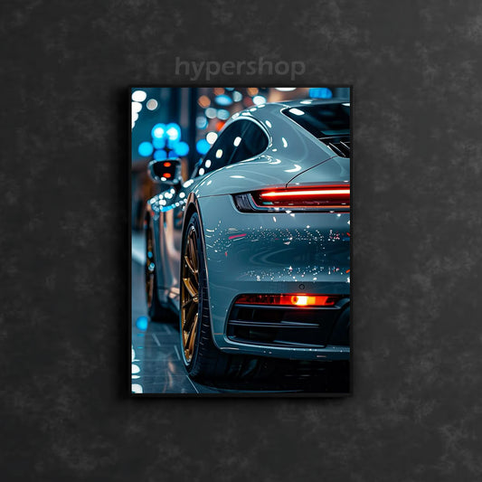 White Porsche 911 Back DRL Red Light | Car Neon Poster