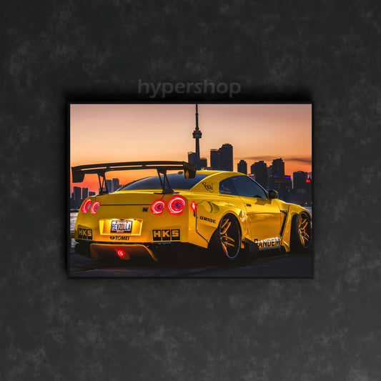 Yellow Nissan GT-R R35 Red Tail Lights | Car Neon Poster