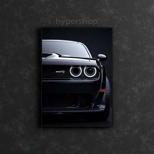 Black Dodge Challenger SRT Hellcat Front White DRL | Car Neon Poster