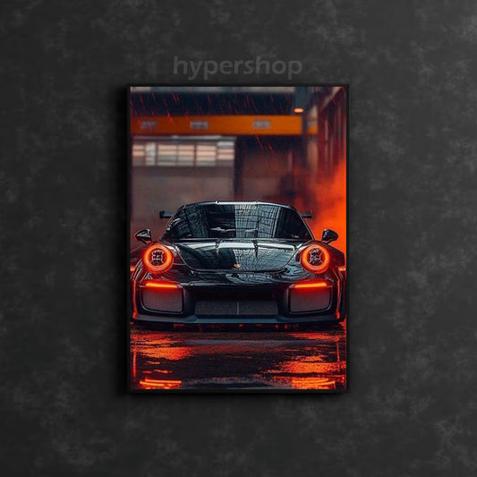 Black Porsche 911 Front Red Light | Car Neon Poster