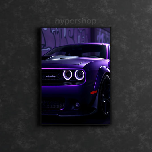 Purple Dodge Challenger SRT Hellcat Front White DRL | Car Neon Poster