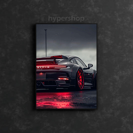 Black Porsche 911 Back DRL Red Light | Car Neon Poster